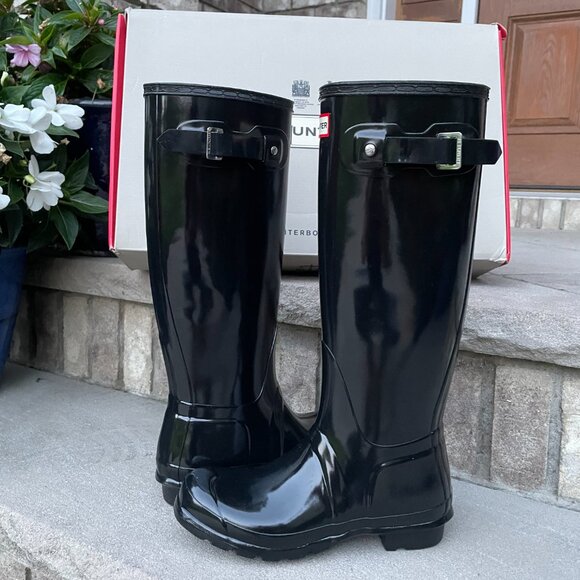 HUNTER ORIGINAL TALL GLOSS BOOT 7 Women's Rain Outdoor Boot Black Waterproof - Picture 1 of 14